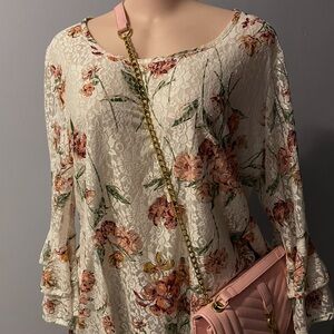 Floral Lace Women Top - Cream and Pink